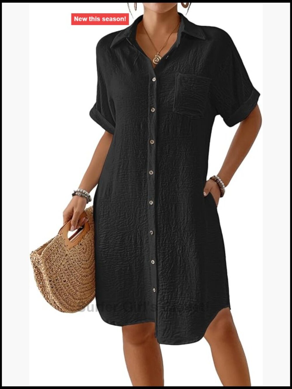 Swimsuit Cover-Up Long Button Down Short Sleeve Beach Shirt Dress with Pockets - Picture 1 of 7